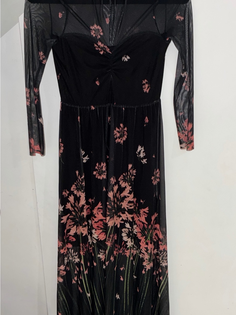 Ted Baker London Black Long Sleeve Mesh Floral Maxi Dress with Pink Accents
